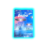 Verpackung mit der Aufschrift 'BIG ONE 2.0', 'CBD < 22%', 'THC < 1%', '50 gr.', 'CHF 50.-' und 'cannatonic' vor einem Hintergrund mit Eisbergen und schwebenden UFOs.