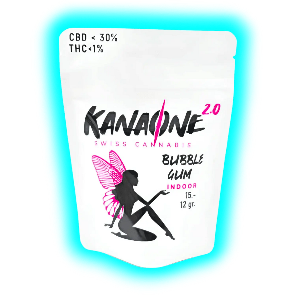 ‚KANASONE 2.0 Bubble Gum Indoor‘ (12g/15.-) mit Silhouette einer sitzenden Frau mit Flügeln auf der Verpackung