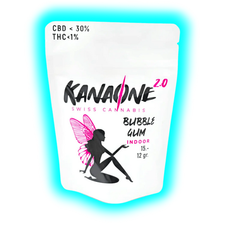 ‚KANASONE 2.0 Bubble Gum Indoor‘ (12g/15.-) mit Silhouette einer sitzenden Frau mit Flügeln auf der Verpackung