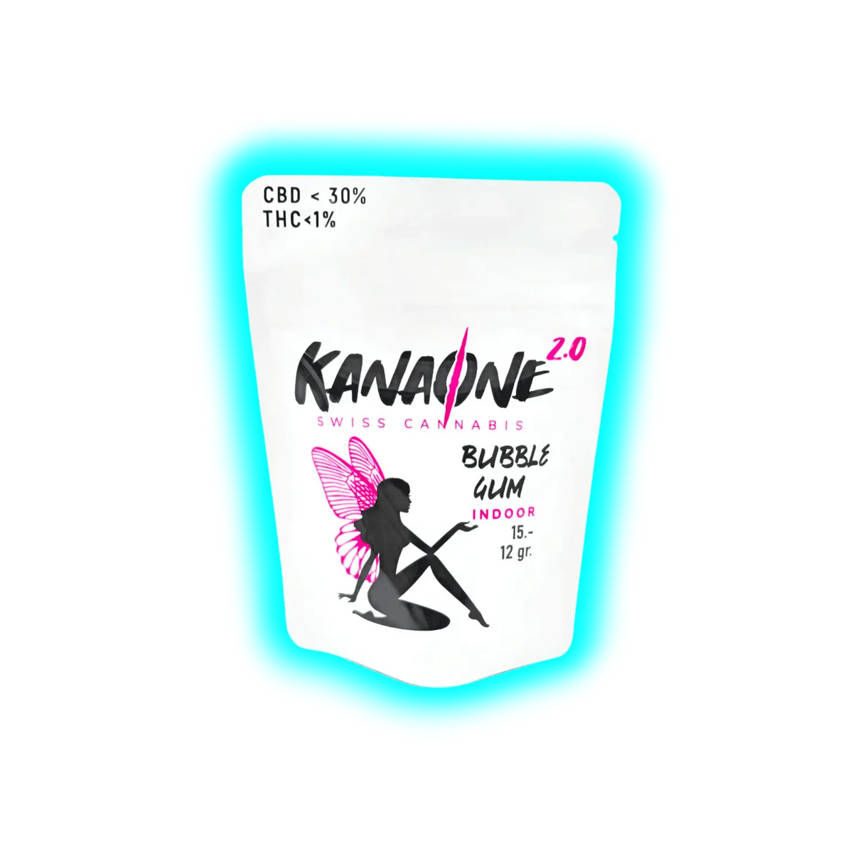 Verpackung mit der Aufschrift 'KANASONE 2.0 SWISS CANNABIS BUBBLE GUM INDOOR 15.- 12 gr.' und Silhouette einer sitzenden Frau mit Flügeln