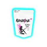 Verpackung mit der Aufschrift 'KANASONE 2.0 SWISS CANNABIS BUBBLE GUM INDOOR 15.- 12 gr.' und Silhouette einer sitzenden Frau mit Flügeln