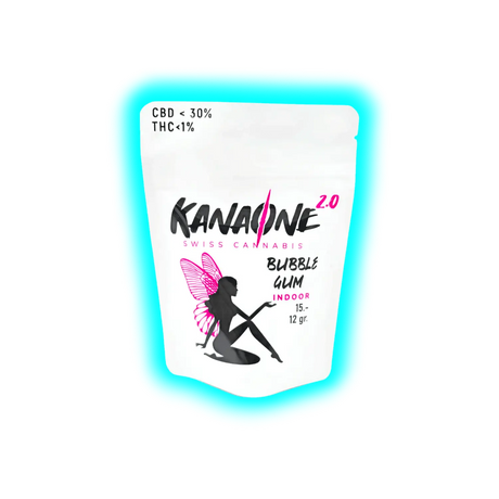 Verpackung mit der Aufschrift 'KANASONE 2.0 SWISS CANNABIS BUBBLE GUM INDOOR 15.- 12 gr.' und Silhouette einer sitzenden Frau mit Flügeln