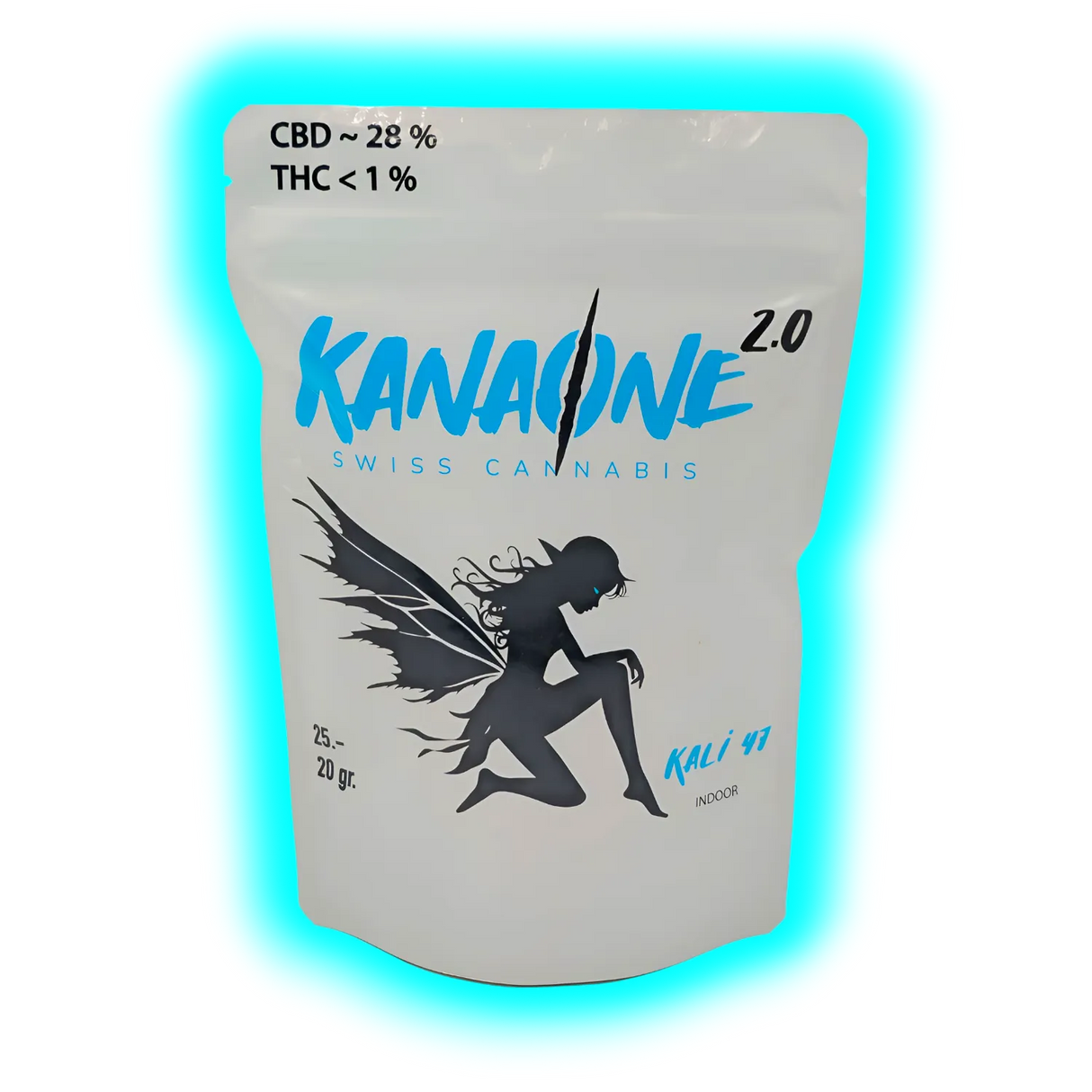Verpackung mit der Angabe zu CBD- und THC-Gehalt sowie einer Silhouette einer knienden, geflügelten Figur

