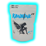 Verpackung mit der Angabe zu CBD- und THC-Gehalt sowie einer Silhouette einer knienden, geflügelten Figur

