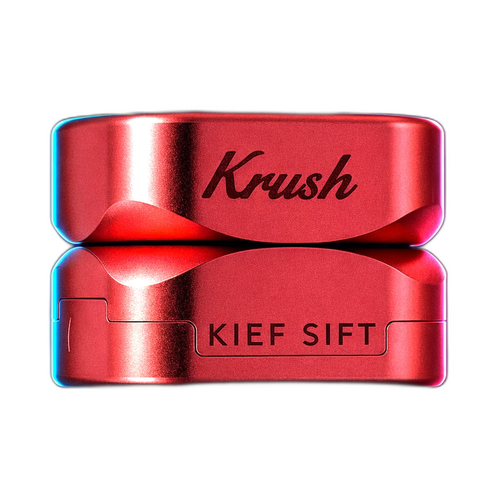 Runder dreiteiliger Grinder in Roségold mit eingraviertem Krush-Logo und der Aufschrift KIEF SIFT