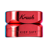 Runder dreiteiliger Grinder in Roségold mit eingraviertem Krush-Logo und der Aufschrift KIEF SIFT