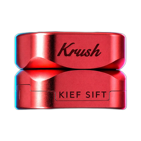 Runder dreiteiliger Grinder in Roségold mit eingraviertem Krush-Logo und der Aufschrift KIEF SIFT
