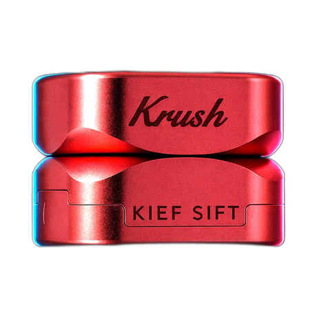 Runder dreiteiliger Grinder in Roségold mit eingraviertem Krush-Logo und der Aufschrift KIEF SIFT