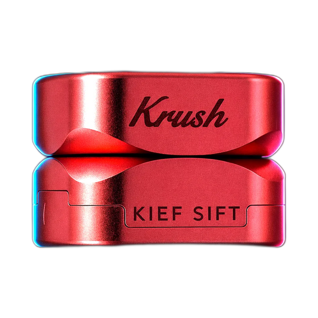 Runder dreiteiliger Grinder in Roségold mit eingraviertem Krush-Logo und der Aufschrift KIEF SIFT