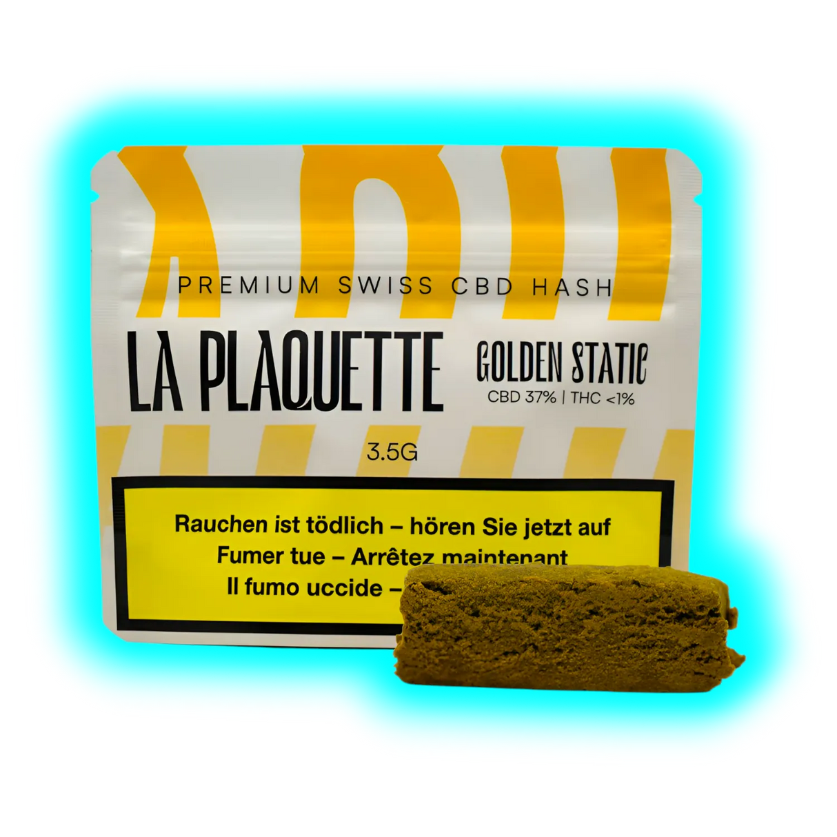 Braunes Hasch-Fragment neben einer „LA PLAQUETTE GOLDEN STATE“ Box.