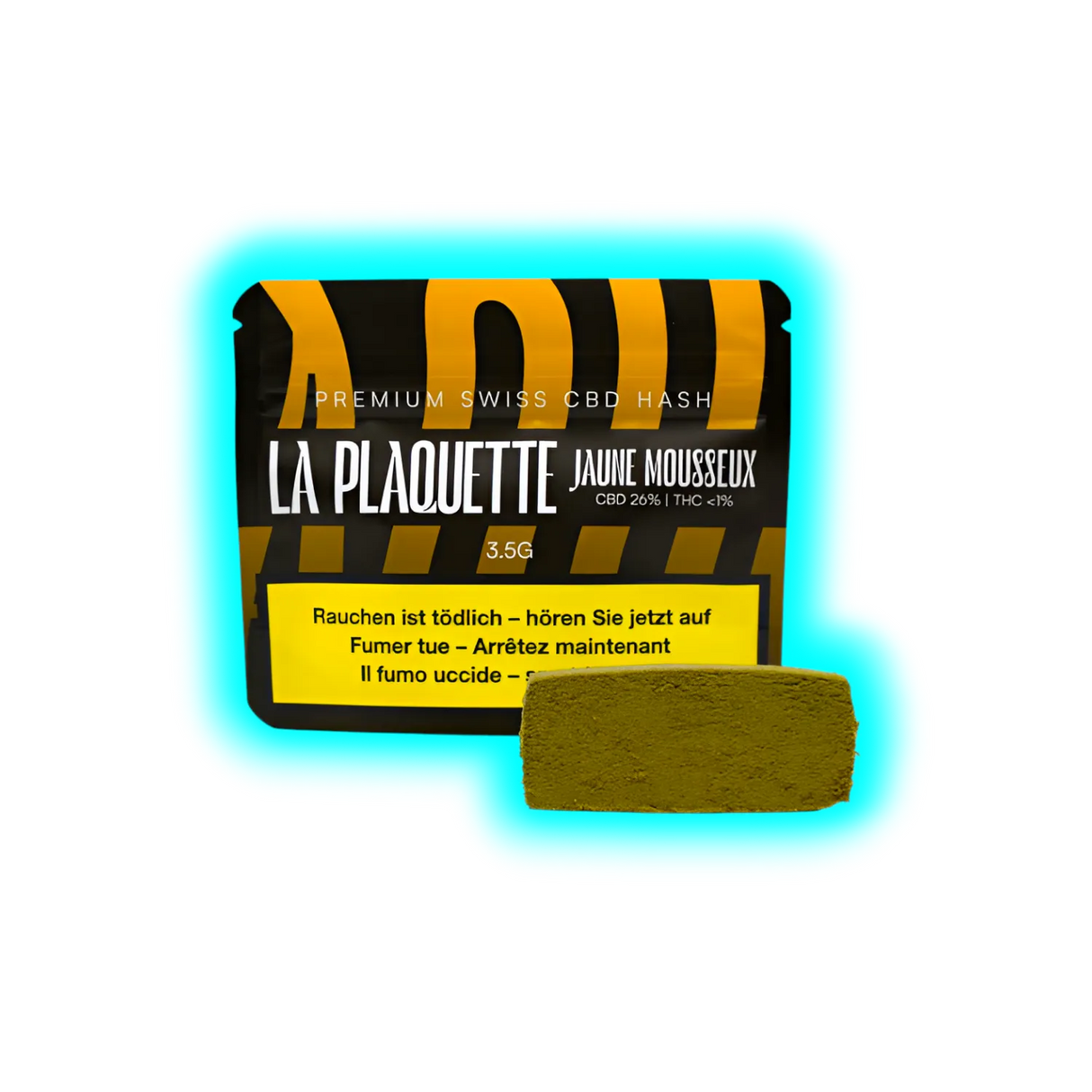 Verpackung mit der Aufschrift 'LA PLAQUETTE JAUNE MOUSSEUX' und einem rechteckigen Haschischblock davor