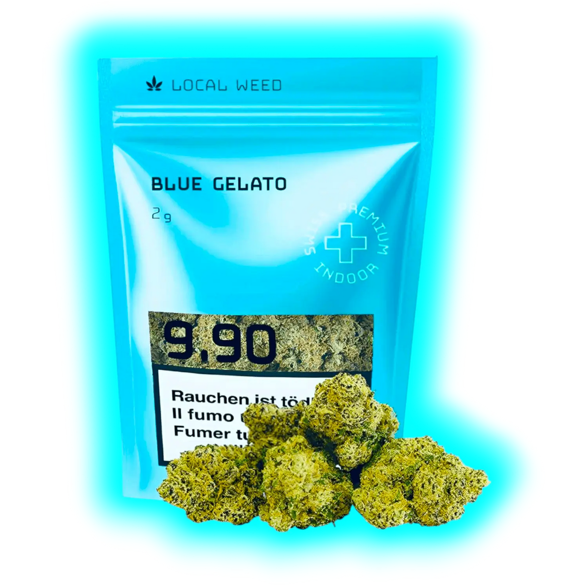 Blauer ‚Local Weed Blue Gelato‘ 2g-Beutel mit mehreren davor liegenden, kompakten Cannabisblüten