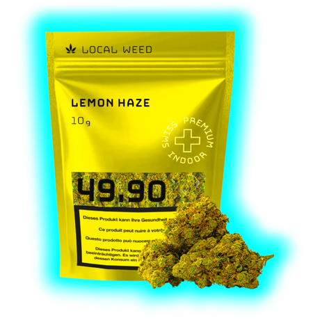Gelbe Verpackung mit der Aufschrift 'Local Weed Lemon Haze 10g' und einem Preis von '49.90' neben einer Gruppe getrockneter Cannabisblüten.

