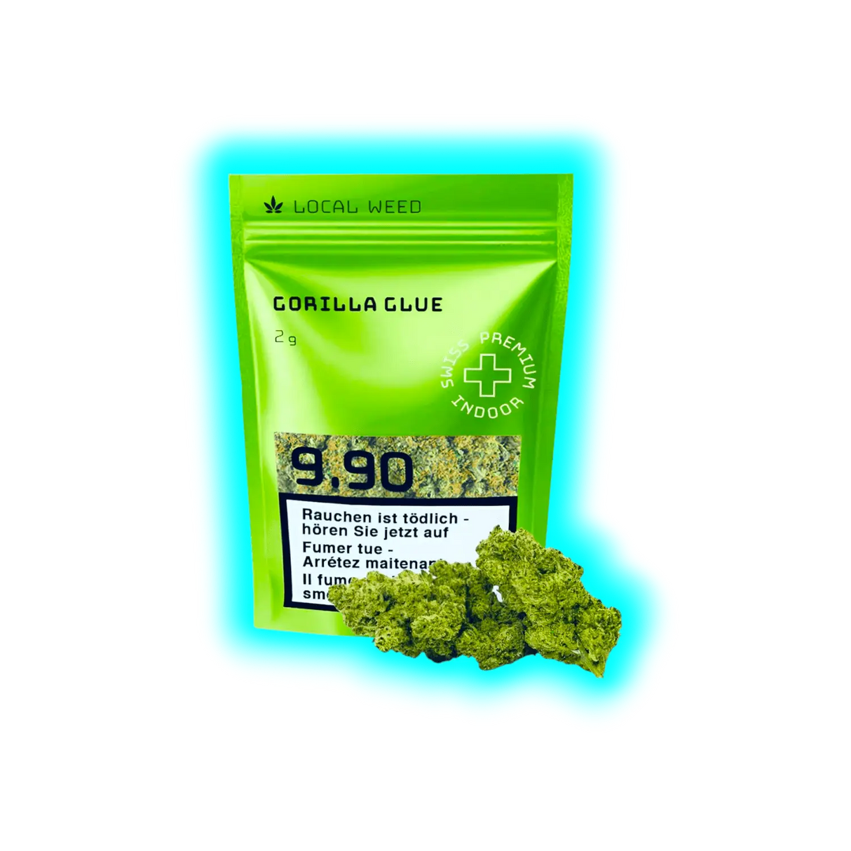 Grünes Verpackungspäckchen mit der Aufschrift 'GORILLA GLUE 2g' und einem Preis von '9.90' sowie mehreren grünen Cannabisblüten davor
