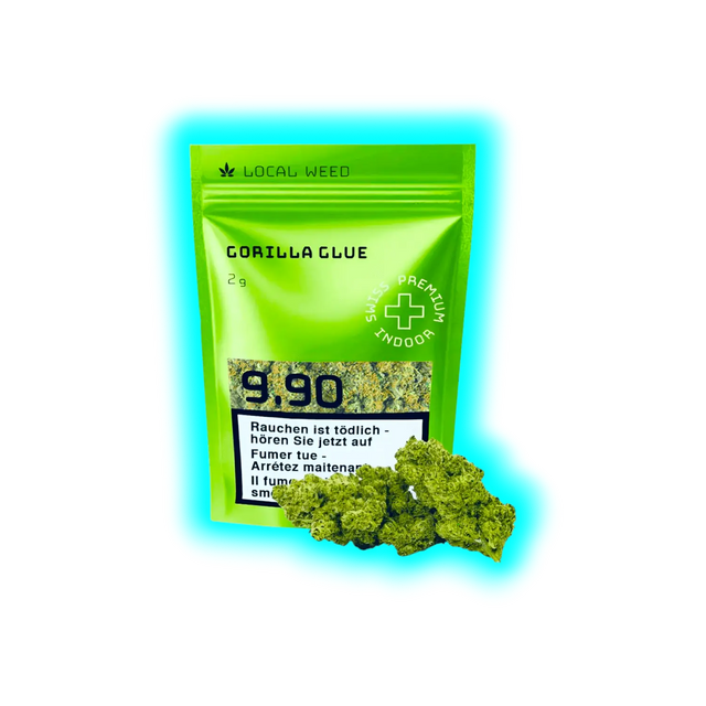 Grünes Verpackungspäckchen mit der Aufschrift 'GORILLA GLUE 2g' und einem Preis von '9.90' sowie mehreren grünen Cannabisblüten davor