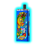 Blaues elektronisches Vape-Gerät mit farbenfrohem Drachen- und Blitzmotiv und Display mit Anzeige