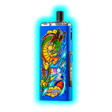 Blaues elektronisches Vape-Gerät mit farbenfrohem Drachen- und Blitzmotiv und Display mit Anzeige