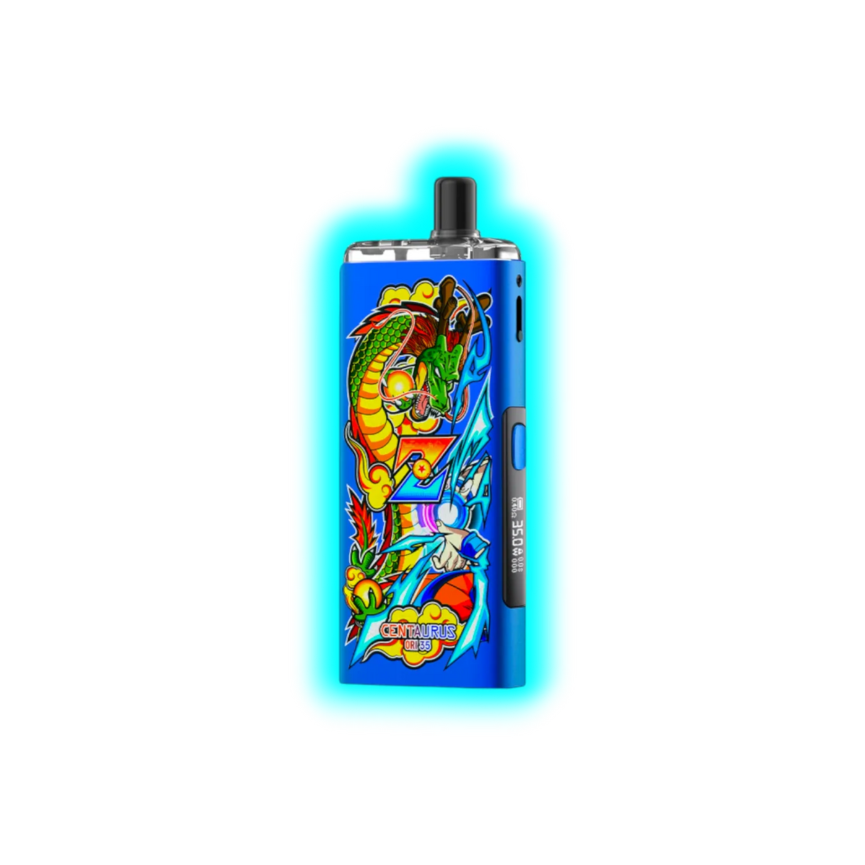 Blaues elektronisches Vape-Gerät mit farbenfrohem Drachen- und Blitzmotiv und Display mit Anzeige