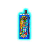 Blaues elektronisches Vape-Gerät mit farbenfrohem Drachen- und Blitzmotiv und Display mit Anzeige