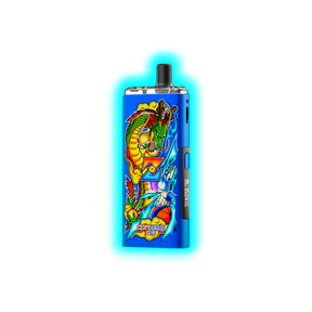 Blaues elektronisches Vape-Gerät mit farbenfrohem Drachen- und Blitzmotiv und Display mit Anzeige