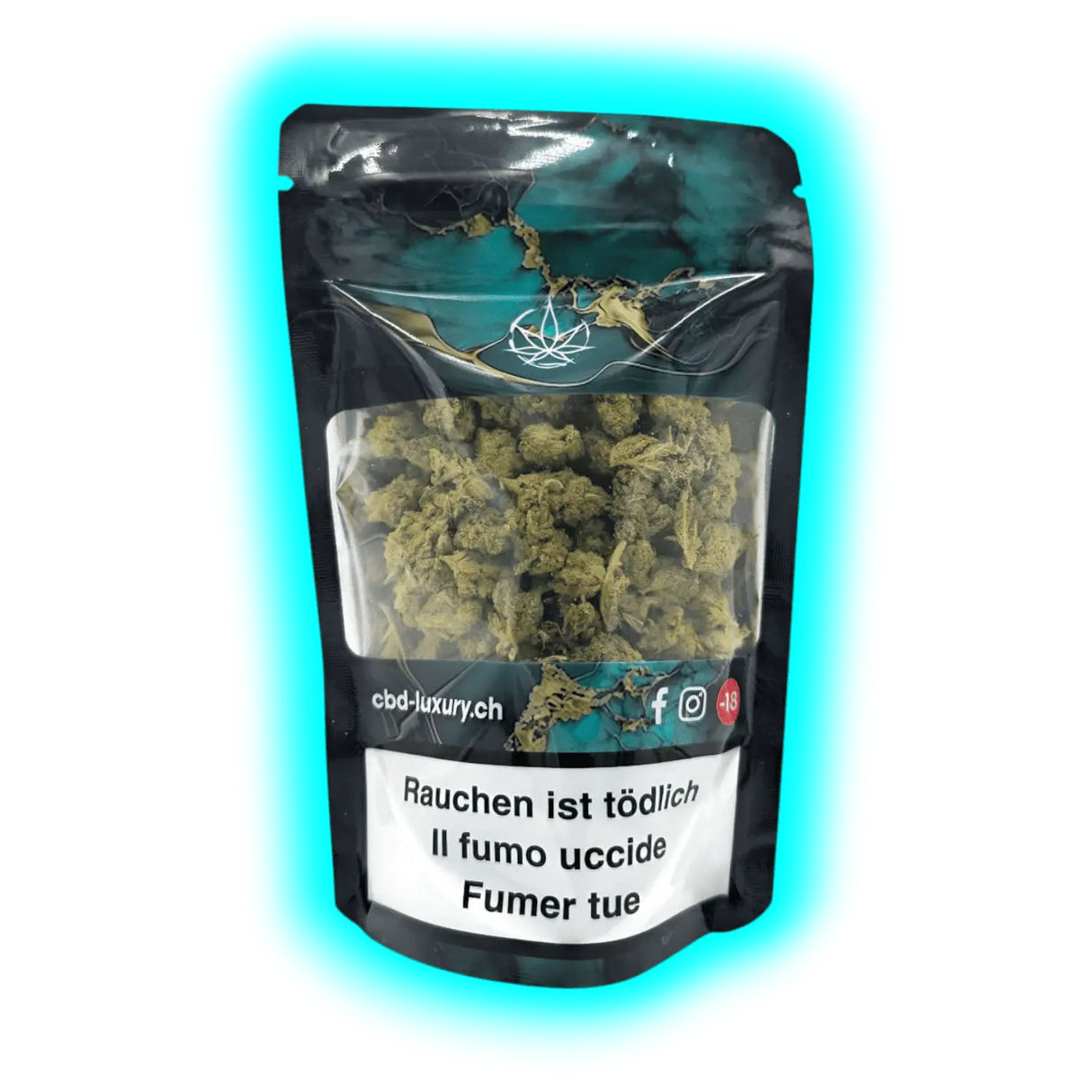 Luxury Plutonium (29% CBD, <1% THC). Detailansicht der Indoor-Verpackung mit Fokus auf Sorte und Inhaltsstoffe