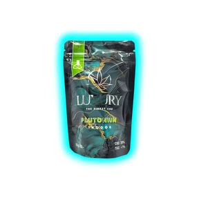 Verpackung mit der Aufschrift 'LUXURY THE FINEST CBD PLUTONIUM INDOOR' und Angaben zu CBD 29% sowie THC <1%