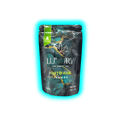 Verpackung mit der Aufschrift 'LUXURY THE FINEST CBD PLUTONIUM INDOOR' und Angaben zu CBD 29% sowie THC <1%
