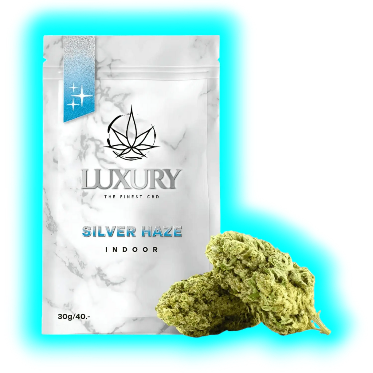 Nahaufnahme: Silver Haze Indoor (30g/40.-) in edler Verpackung mit Marmoroptik und zwei davor liegenden Blüten.