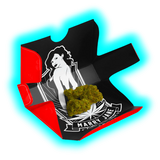  Eine Marihuanapflanze in einer Box mit rotem und schwarzem Design, die CBD-Produkte enthält