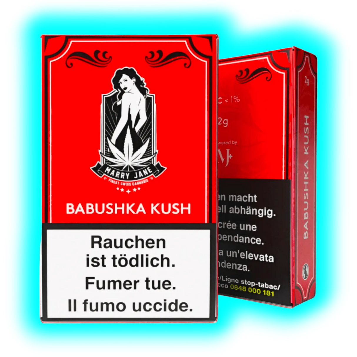 Ausschnitt: Der ‚Babiska Kush‘ Schriftzug auf der Frontseite, ergänzt durch einen grünen CBD-Badge und Gesundheitshinweise.