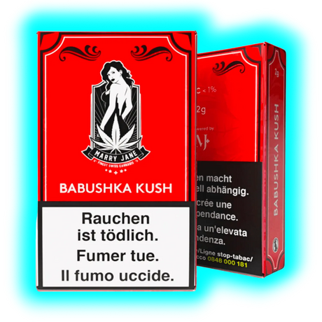 Ausschnitt: Der ‚Babiska Kush‘ Schriftzug auf der Frontseite, ergänzt durch einen grünen CBD-Badge und Gesundheitshinweise.