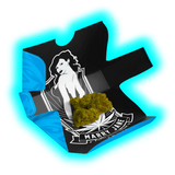  Eine Box mit einer Marihuana-Pflanze und einer Frau, die CBD-Produkte präsentiert.