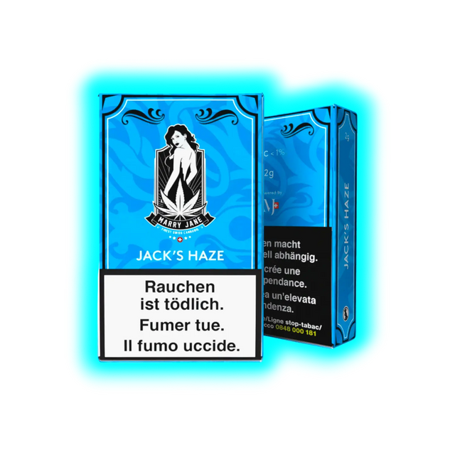 Blaue Verpackung von Jack's Smoke mit CBD-Produkt, das die Marke und den Inhalt klar darstellt