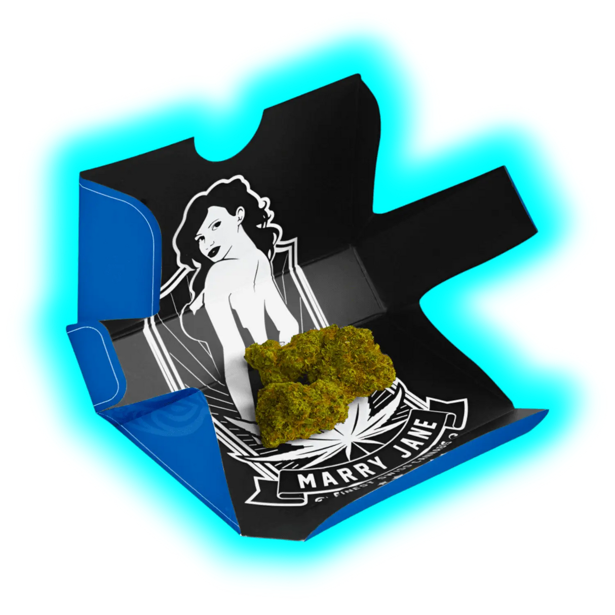 Eine geöffnete schwarz-blaue Verpackung mit einer Grafik im Retro-Stil, die eine Frau zeigt, und Cannabis-Blüten im Inneren. Das Design ist lebendig mit einer leuchtenden blaugrünen Kontur.