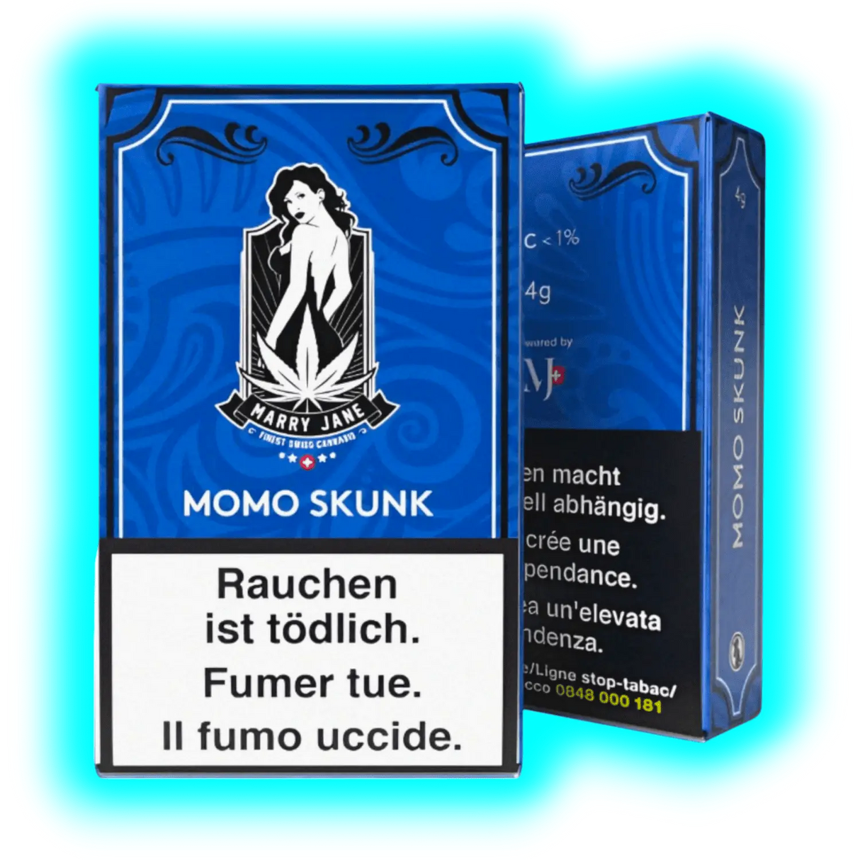 Momo Skunk: Blaue CBD-Verpackung mit markantem Look, Verwendungsdetails und Warnhinweisen in Deutsch, Französisch und Italienisch.