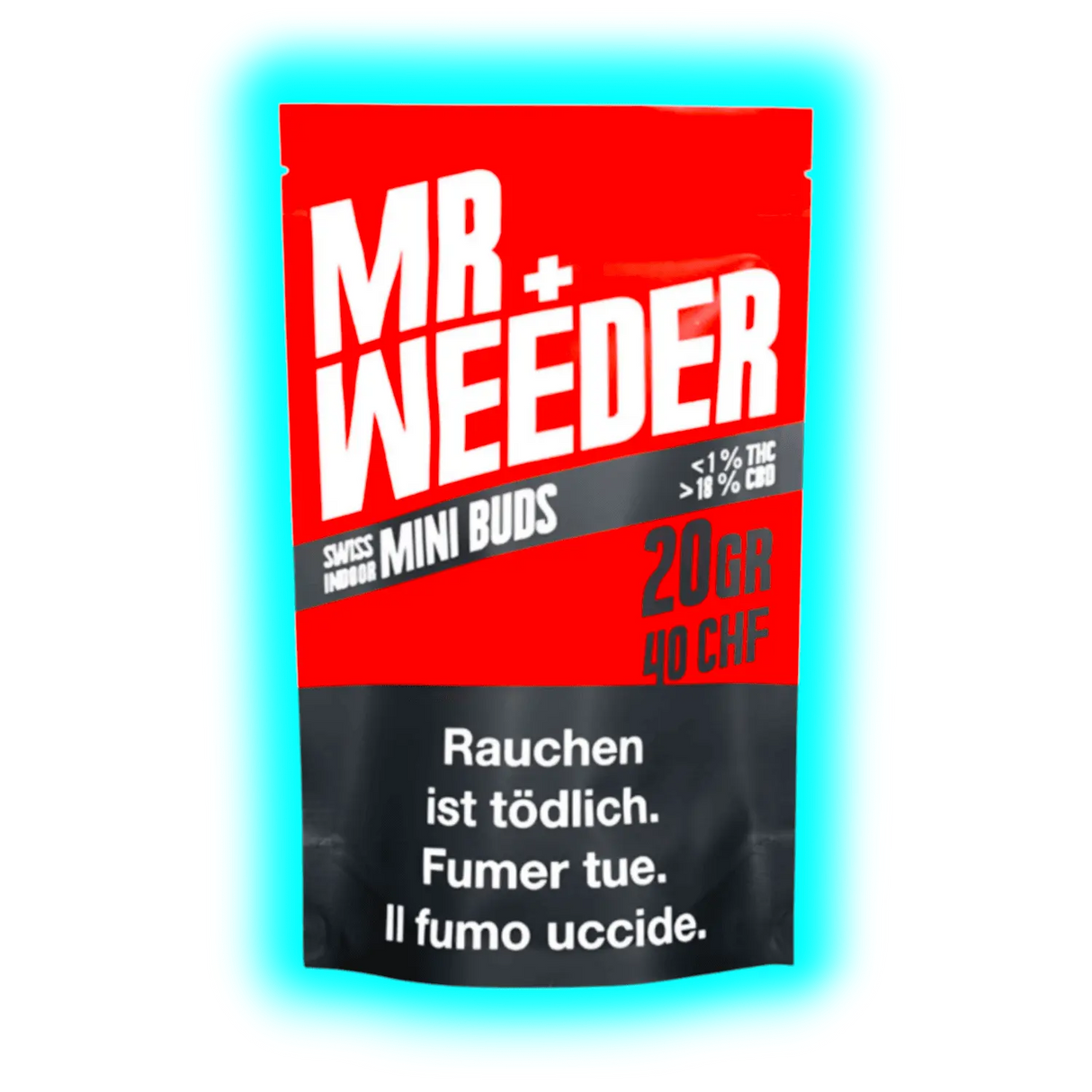 Mr Weeder: 20g Swiss Indoor Mini Buds für 40 CHF. Verpackung mit CBD-Werten und mehrsprachigen Gesundheitshinweisen