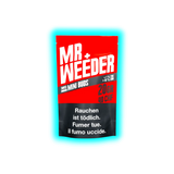 Verpackung mit der Aufschrift 'MR WEEDER', 'SWISS INDOOR MINI BUDS', '<1% THC >10% CBD', '20 GR 40 CHF' und Warnhinweis in drei Sprachen 'Rauchen ist tödlich. Fumer tue. Il fumo uccide.'