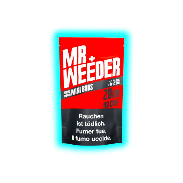 Verpackung mit der Aufschrift 'MR WEEDER', 'SWISS INDOOR MINI BUDS', '<1% THC >10% CBD', '20 GR 40 CHF' und Warnhinweis in drei Sprachen 'Rauchen ist tödlich. Fumer tue. Il fumo uccide.'