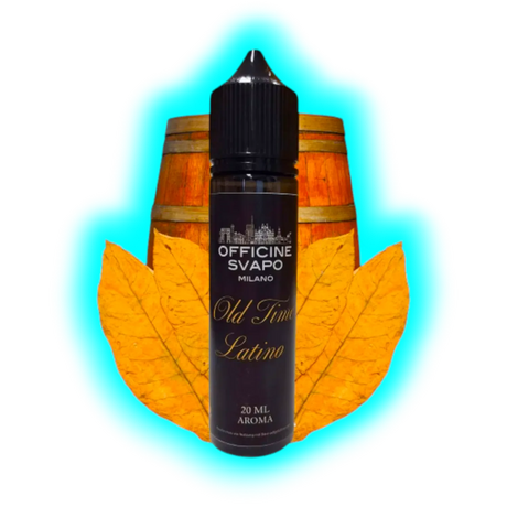 Flasche mit schwarzem Etikett und der Aufschrift 'OFFICINE SVAPO MILANO Old Time Latino 20 ML AROMA' vor einem Holzfass und zwei großen Tabakblättern