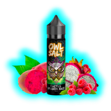 Flasche mit Aufschrift 'OWL SALT CACTUS DRAGON RAZZ' vor Kaktusfeigen, Drachenfrucht und Himbeeren