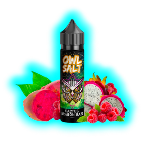 Flasche mit Aufschrift 'OWL SALT CACTUS DRAGON RAZZ' vor Kaktusfeigen, Drachenfrucht und Himbeeren