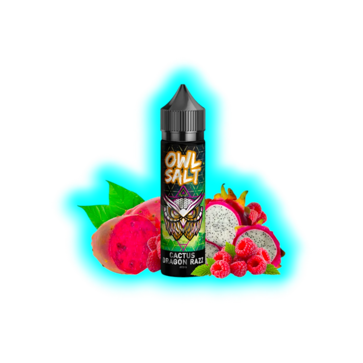 Flasche mit Aufschrift 'OWL SALT CACTUS DRAGON RAZZ' vor Kaktusfeigen, Drachenfrucht und Himbeeren