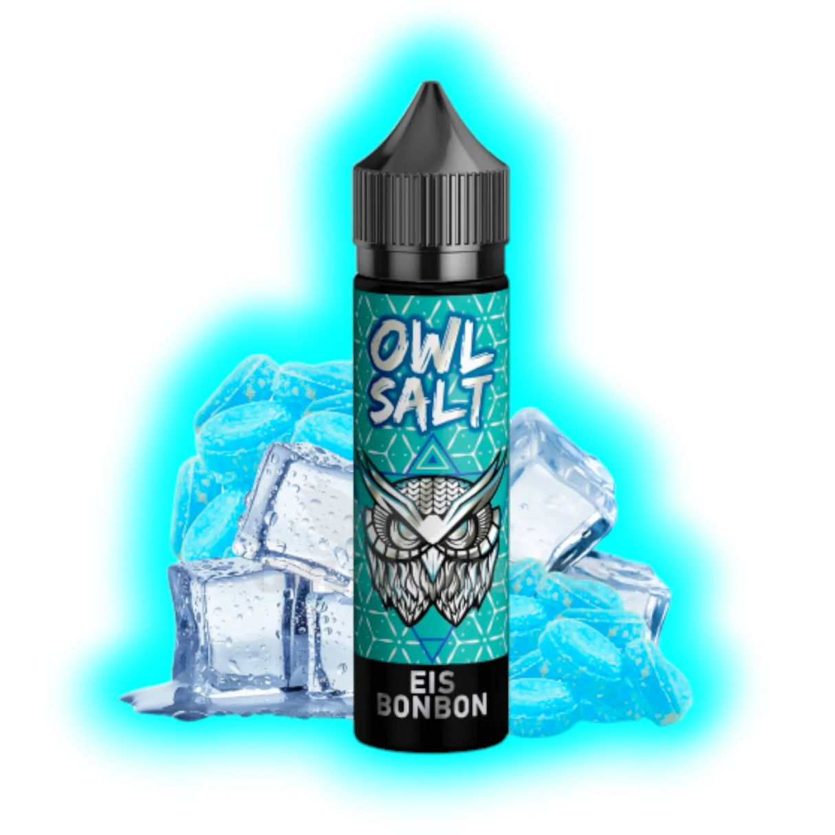 Flasche mit schwarzem Deckel und Aufschrift 'OWL SALT EIS BONBON' vor Eiswürfeln