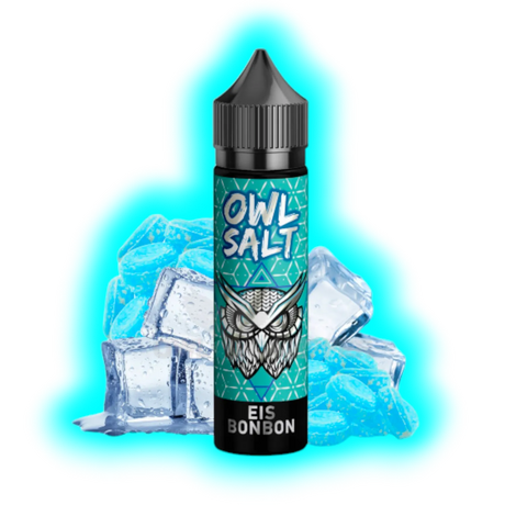 Flasche mit schwarzem Deckel und Aufschrift 'OWL SALT EIS BONBON' vor Eiswürfeln