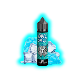 Flasche mit schwarzem Deckel und Aufschrift 'OWL SALT EIS BONBON' vor Eiswürfeln