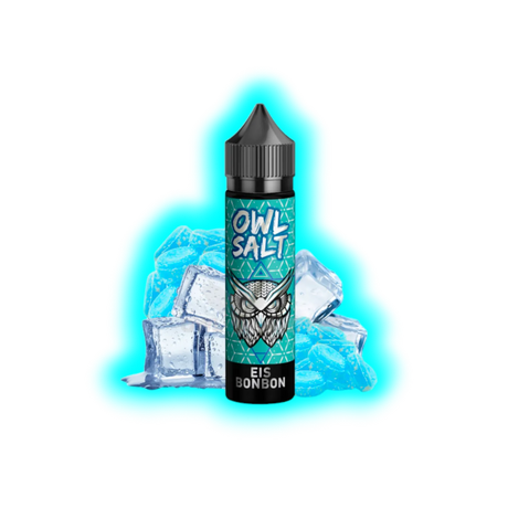 Flasche mit schwarzem Deckel und Aufschrift 'OWL SALT EIS BONBON' vor Eiswürfeln