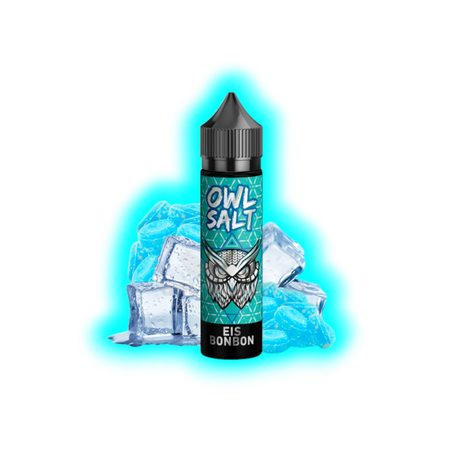 Flasche mit schwarzem Deckel und Aufschrift 'OWL SALT EIS BONBON' vor Eiswürfeln