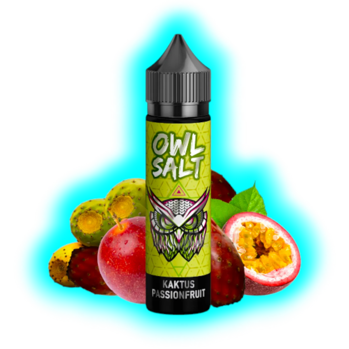 Flasche mit schwarzem Deckel und grünem Etikett mit Eulenmotiv und der Aufschrift 'OWL SALT KAKTUS PASSIONFRUIT' vor Kaktus- und Passionsfrüchten