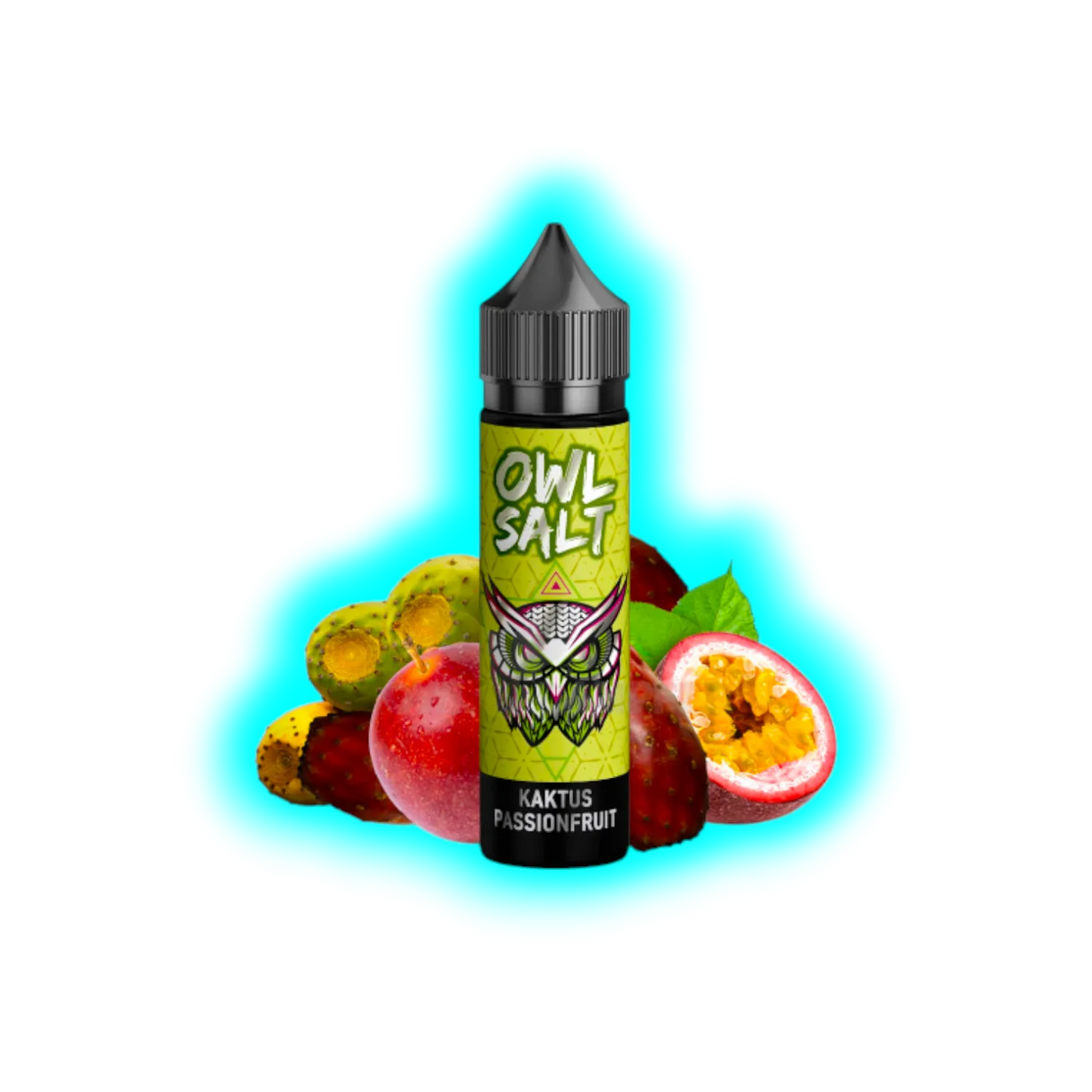 Flasche mit schwarzem Deckel und grünem Etikett mit Eulenmotiv und der Aufschrift 'OWL SALT KAKTUS PASSIONFRUIT' vor Kaktus- und Passionsfrüchten