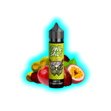 Flasche mit schwarzem Deckel und grünem Etikett mit Eulenmotiv und der Aufschrift 'OWL SALT KAKTUS PASSIONFRUIT' vor Kaktus- und Passionsfrüchten